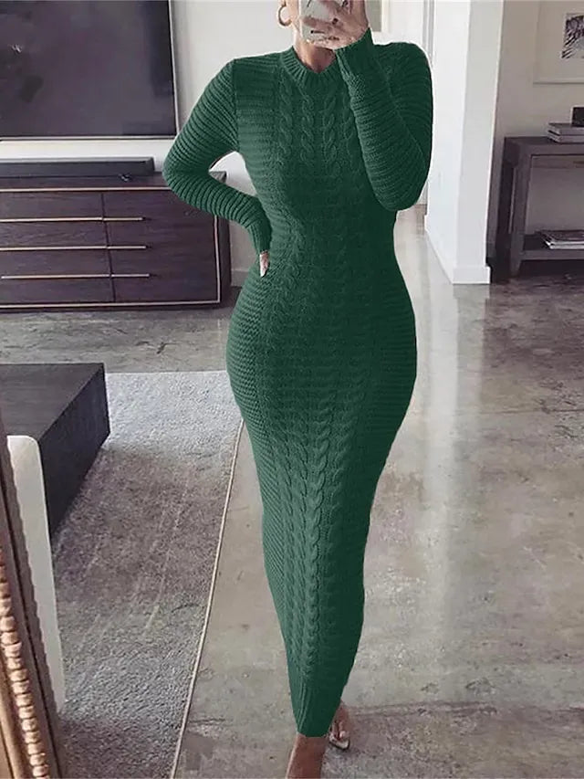 Women's Sweater Dress Crew Neck Ribbed Knit Polyester Knitted Fall Winter Long Outdoor Daily Going out Stylish Casual Soft Long Sleeve Pure Color Black Yellow Wine S M L