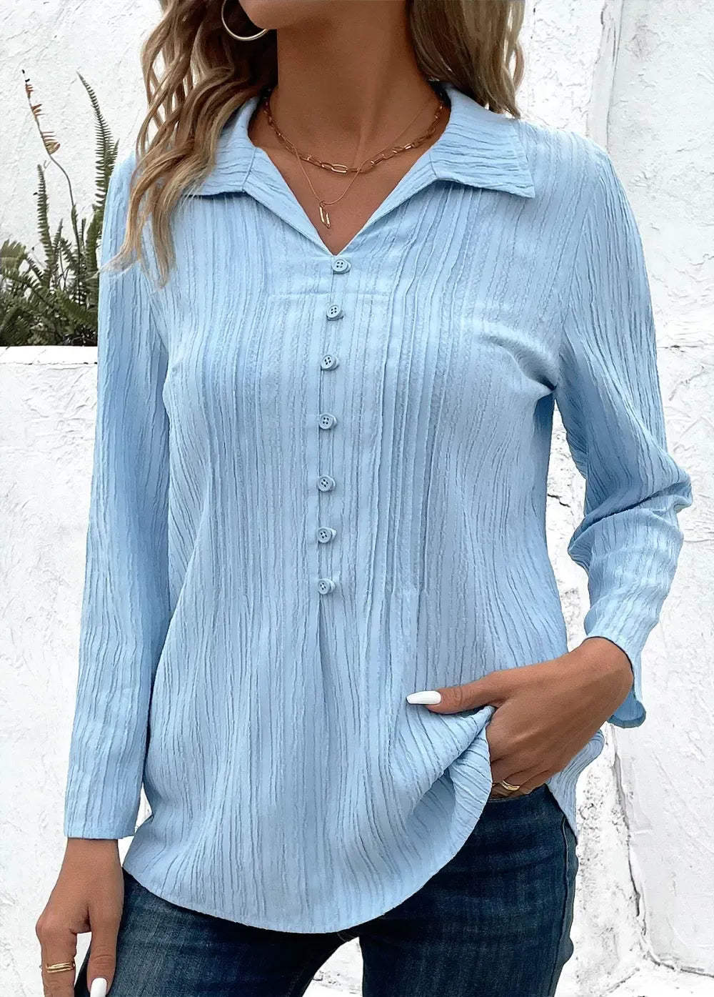 Light Blue Button 3/4 Sleeve Shirt Collar Blouse