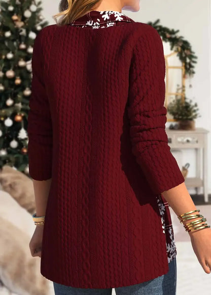 Deep Red Button Snowflake Print Long Sleeve Sweatshirt