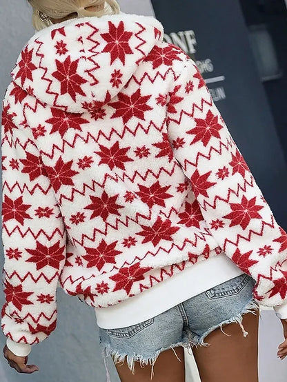Women's Fleece Jacket Sherpa Jacket Teddy Coat Windproof Warm Christmas Street Daily Wear Vacation Zipper Pocket Print Zipper Hoodie Fashion Plush Modern Casual Snowflake Regular Fit Outerwear Long