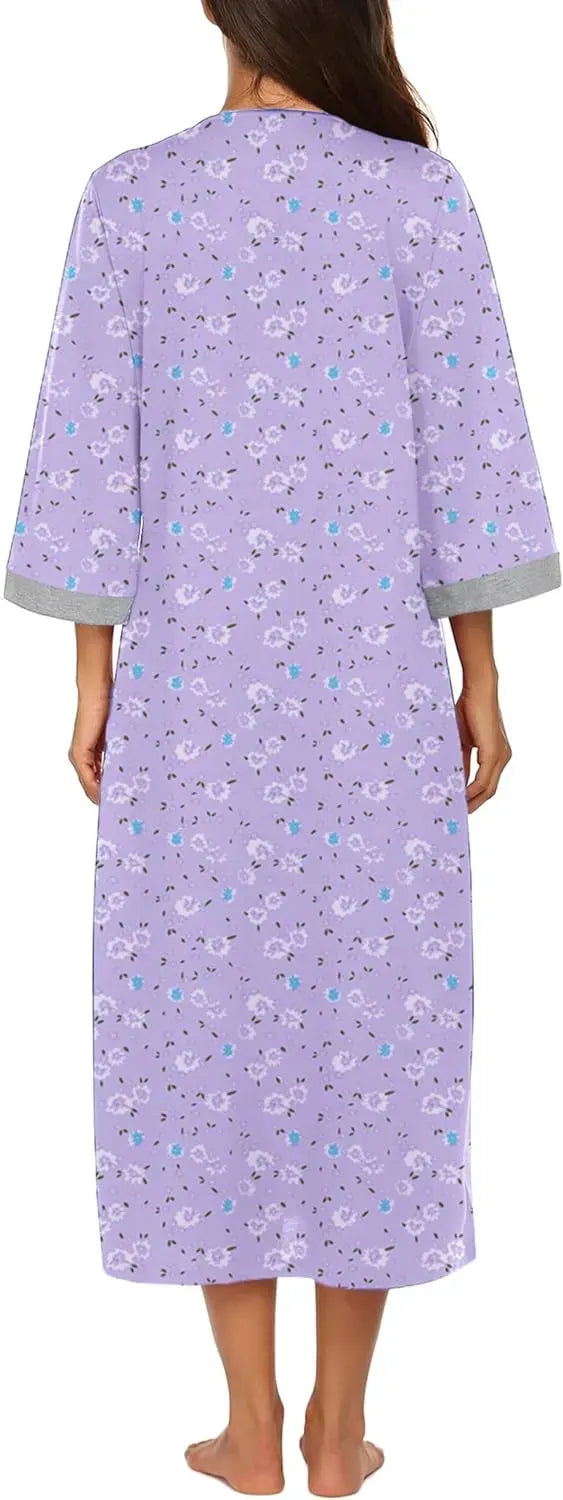 Women Zipper Robe 3/4 Sleeves Loungewear Dress Full Length Sleepwear Pockets Housecoat Nightgown Long Bathrobe